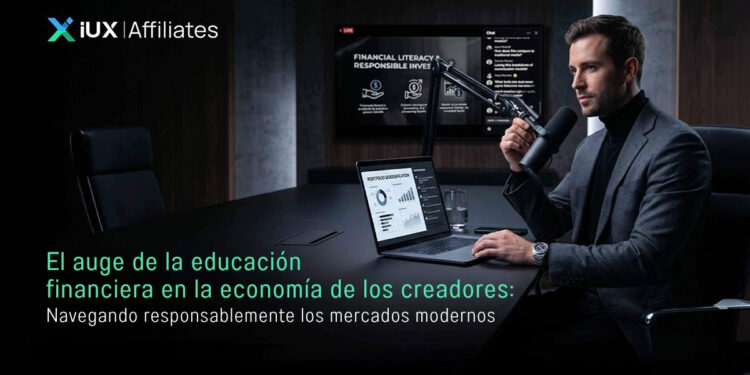 iUX promocional sobre el auge de la educación financiera en la economía de los creadores/influencers. En el fondo, un podcast financiero