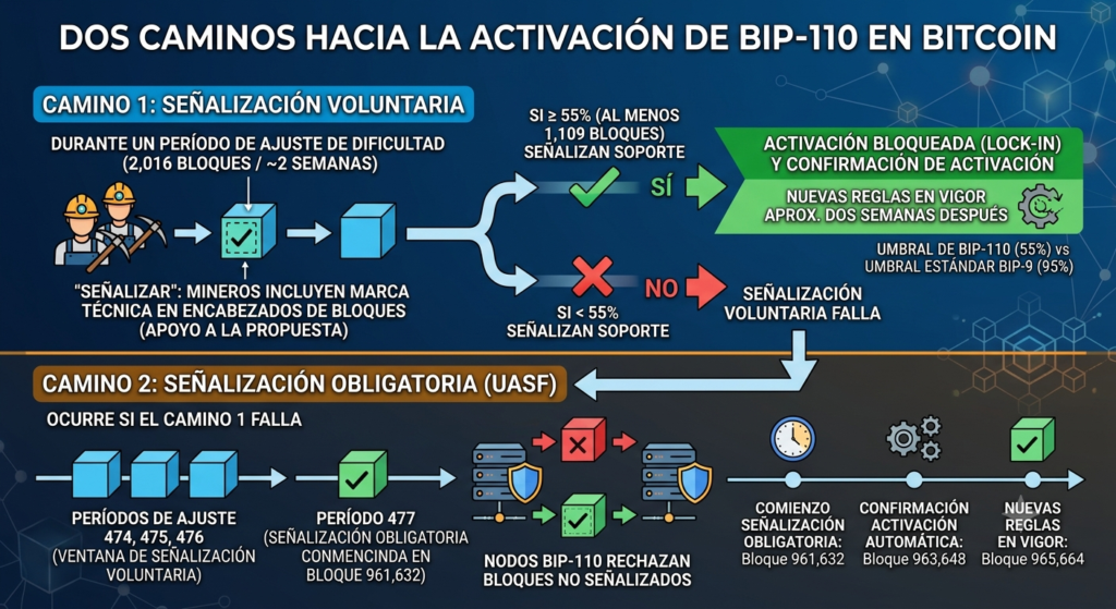 Señalización minera para la activación de la propuesta BIP-110 en Bitcoin.