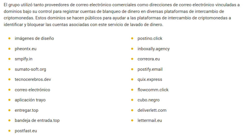 Captura de pantalla del informe de Europol que muestra una lista de 19 dominios de correo electrónico y servicios web, incluyendo designli.pictures, pheontx.eu, smplfy.in y deliverly.top, utilizados por la organización desmantelada‘AudiA6’ para crear cuentas de lavado de dinero en exchanges de criptomonedas.