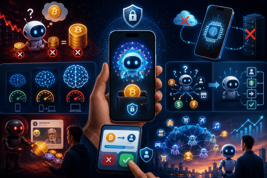 Ilustración futurista de un teléfono inteligente con un cerebro de inteligencia artificial conectado a símbolos financieros y de criptomonedas.
