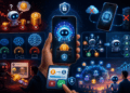 Ilustración futurista de un teléfono inteligente con un cerebro de inteligencia artificial conectado a símbolos financieros y de criptomonedas.