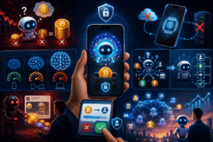Ilustración futurista de un teléfono inteligente con un cerebro de inteligencia artificial conectado a símbolos financieros y de criptomonedas.