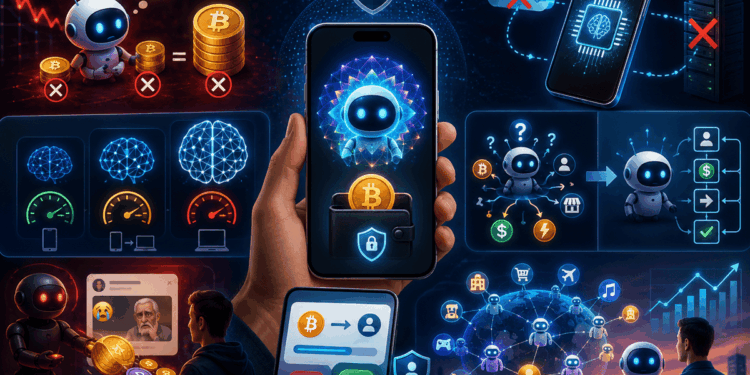 Ilustración futurista de un teléfono inteligente con un cerebro de inteligencia artificial conectado a símbolos financieros y de criptomonedas.