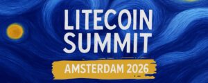 Banner estilo noche estrellada de Van Gogh en tonos azules para el Litecoin Summit Ámsterdam.