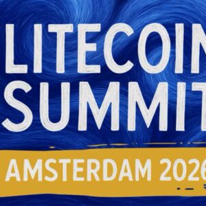 Banner estilo noche estrellada de Van Gogh en tonos azules para el Litecoin Summit Ámsterdam.