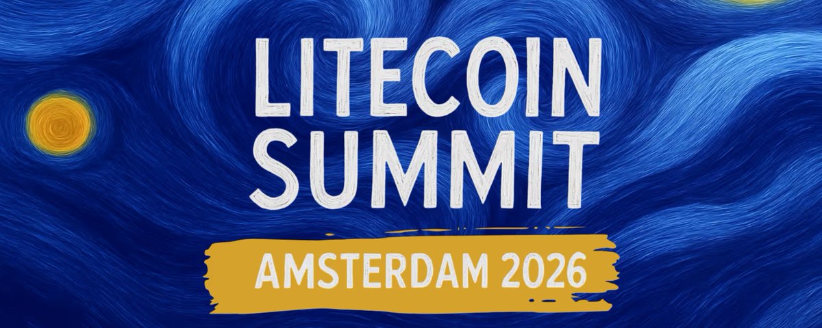 Banner estilo noche estrellada de Van Gogh en tonos azules para el Litecoin Summit Ámsterdam.