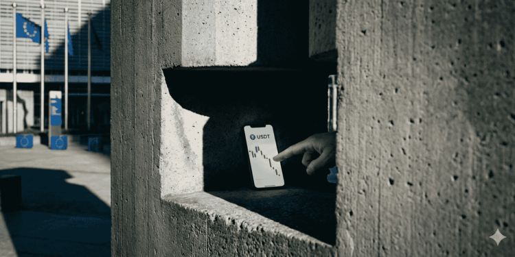 Fotografía conceptual de estilo editorial financiero. Una imponente y fría estructura de hormigón, que evoca la arquitectura institucional de Bruselas, proyecta una sombra densa y afilada sobre la penumbra. Atrapada en el centro de esa sombra, la pantalla de un teléfono móvil brilla tenuemente, mostrando la interfaz limpia de un gráfico financiero de velas en caída libre y el símbolo de la moneda estable Tether (USDT).