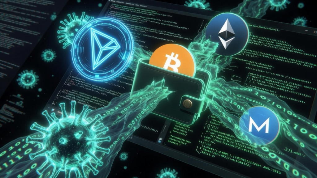 Wallets de Bitcoin, Ethereum, Tron y Monero siendo afectadas por un malware.