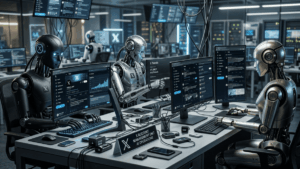 Robots de IA en un centro de computación.