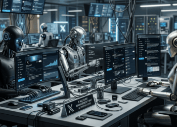 Robots de IA en un centro de computación.