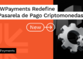 Texto: NOWPayments Redefine la Pasarela de Pago Criptomonedas sobre fondo anaranjado con negro con engranajes en el fondo