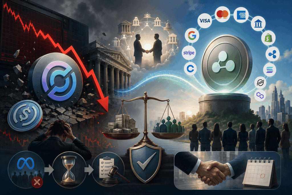 Ilustración conceptual que muestra la caída de las acciones de Circle frente al surgimiento de Open USD.