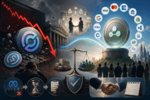 Ilustración conceptual que muestra la caída de las acciones de Circle frente al surgimiento de Open USD.