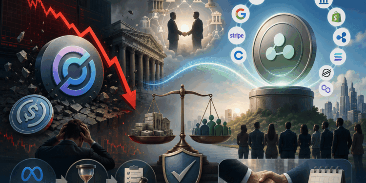 Ilustración conceptual que muestra la caída de las acciones de Circle frente al surgimiento de Open USD.