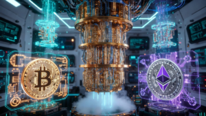 Un laboratorio con una computadora cuántica junto a una moneda de Bitcoin y una de Ethereum.