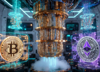 Un laboratorio con una computadora cuántica junto a una moneda de Bitcoin y una de Ethereum.