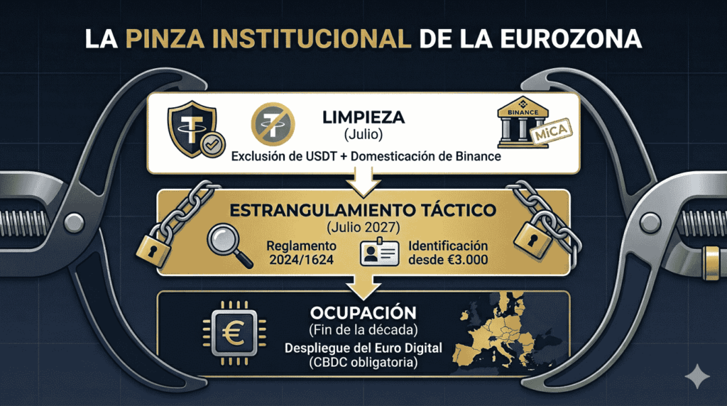 Infografía titulada "LA PINZA INSTITUCIONAL DE LA EUROZONA". En el nivel superior, etiquetado "FASE 1: LIMPIEZA (Julio)", se muestra un escudo regulatorio con los iconos de Tether (USDT) tachado y el logotipo de Binance con el sello "MiCA".