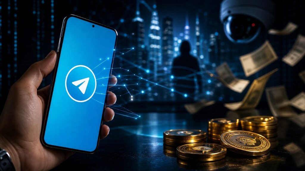 Un teléfono celular se muestra con el logo de Telegram y al lado aparece un montón de monedas doradas y billetes volando.
