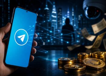 Un teléfono celular se muestra con el logo de Telegram y al lado aparece un montón de monedas doradas y billetes volando.
