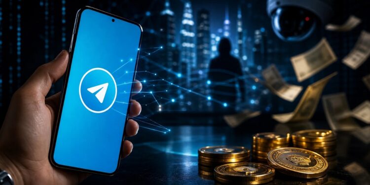 Un teléfono celular se muestra con el logo de Telegram y al lado aparece un montón de monedas doradas y billetes volando.