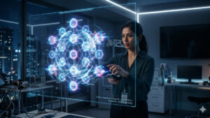 Una mujer enfocada trabajando en un laboratorio tecnológico oscuro. Con sus manos interactúa con una interfaz holográfica brillante de tonos azules y morados que representa un complejo modelo de computación cuántica con esferas interconectadas. En la esquina inferior de la pantalla de cristal transparente se lee: 'D-Wave Quantum Simulator: Leap Platform September 2026 Availability'