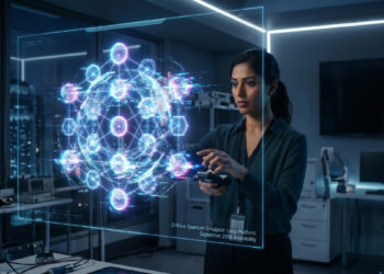 Una mujer enfocada trabajando en un laboratorio tecnológico oscuro. Con sus manos interactúa con una interfaz holográfica brillante de tonos azules y morados que representa un complejo modelo de computación cuántica con esferas interconectadas. En la esquina inferior de la pantalla de cristal transparente se lee: 'D-Wave Quantum Simulator: Leap Platform September 2026 Availability'