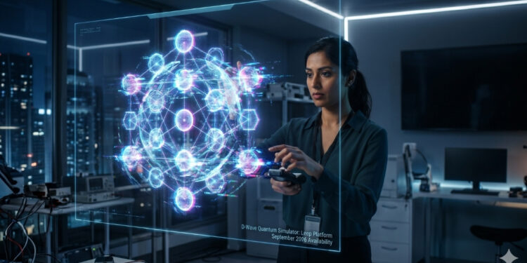 Una mujer enfocada trabajando en un laboratorio tecnológico oscuro. Con sus manos interactúa con una interfaz holográfica brillante de tonos azules y morados que representa un complejo modelo de computación cuántica con esferas interconectadas. En la esquina inferior de la pantalla de cristal transparente se lee: 'D-Wave Quantum Simulator: Leap Platform September 2026 Availability'