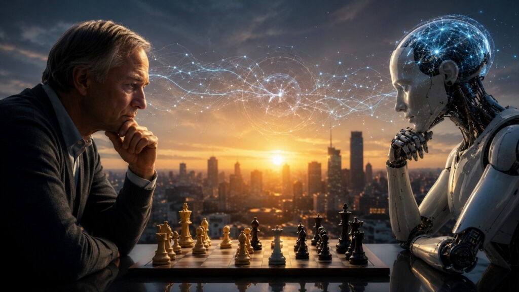 Ilustración futurista en formato 16:9 que muestra a un inversor humano enfrentado a una inteligencia artificial humanoide en una partida de ajedrez. Entre ambos se visualiza una red neuronal luminosa que simboliza la colaboración entre criterio humano e IA para la toma de decisiones financieras e inversiones. Concepto de análisis de mercados, automatización, lógica, estrategia y tecnología financiera.