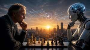 Ilustración futurista en formato 16:9 que muestra a un inversor humano enfrentado a una inteligencia artificial humanoide en una partida de ajedrez. Entre ambos se visualiza una red neuronal luminosa que simboliza la colaboración entre criterio humano e IA para la toma de decisiones financieras e inversiones. Concepto de análisis de mercados, automatización, lógica, estrategia y tecnología financiera.