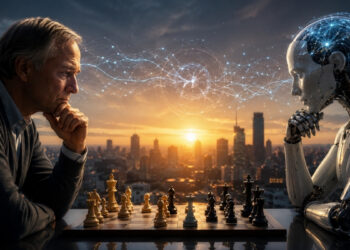 Ilustración futurista en formato 16:9 que muestra a un inversor humano enfrentado a una inteligencia artificial humanoide en una partida de ajedrez. Entre ambos se visualiza una red neuronal luminosa que simboliza la colaboración entre criterio humano e IA para la toma de decisiones financieras e inversiones. Concepto de análisis de mercados, automatización, lógica, estrategia y tecnología financiera.