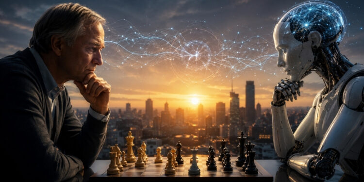 Ilustración futurista en formato 16:9 que muestra a un inversor humano enfrentado a una inteligencia artificial humanoide en una partida de ajedrez. Entre ambos se visualiza una red neuronal luminosa que simboliza la colaboración entre criterio humano e IA para la toma de decisiones financieras e inversiones. Concepto de análisis de mercados, automatización, lógica, estrategia y tecnología financiera.