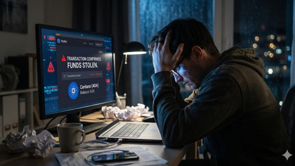 Fotografía de un hombre sentado en la penumbra frente a su escritorio, tomándose la cabeza con la mano en clara señal de angustia y desesperación. Su mirada está fija en el monitor de la computadora, que despliega la interfaz de una billetera de criptomonedas. En la pantalla resalta el logo de Cardano (ADA) junto a un saldo de "0.00" y un gran aviso de alerta rojo que indica en inglés "TRANSACTION CONFIRMED: FUNDS STOLEN" (Transacción confirmada: fondos robados). El ambiente oscuro de la habitación y los papeles arrugados sobre la mesa acentúan el sentimiento de ruina financiera.