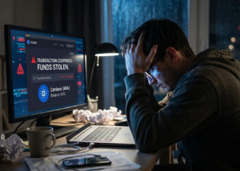 Fotografía de un hombre sentado en la penumbra frente a su escritorio, tomándose la cabeza con la mano en clara señal de angustia y desesperación. Su mirada está fija en el monitor de la computadora, que despliega la interfaz de una billetera de criptomonedas. En la pantalla resalta el logo de Cardano (ADA) junto a un saldo de "0.00" y un gran aviso de alerta rojo que indica en inglés "TRANSACTION CONFIRMED: FUNDS STOLEN" (Transacción confirmada: fondos robados). El ambiente oscuro de la habitación y los papeles arrugados sobre la mesa acentúan el sentimiento de ruina financiera.