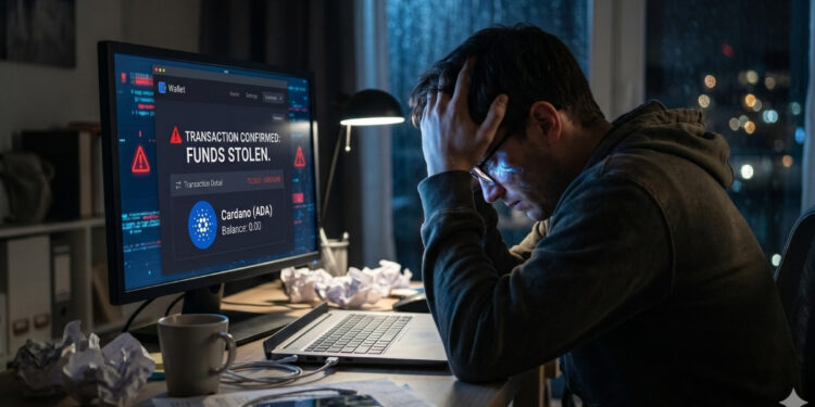 Fotografía de un hombre sentado en la penumbra frente a su escritorio, tomándose la cabeza con la mano en clara señal de angustia y desesperación. Su mirada está fija en el monitor de la computadora, que despliega la interfaz de una billetera de criptomonedas. En la pantalla resalta el logo de Cardano (ADA) junto a un saldo de "0.00" y un gran aviso de alerta rojo que indica en inglés "TRANSACTION CONFIRMED: FUNDS STOLEN" (Transacción confirmada: fondos robados). El ambiente oscuro de la habitación y los papeles arrugados sobre la mesa acentúan el sentimiento de ruina financiera.