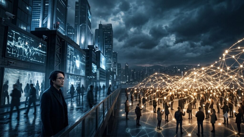 Una composición cinematográfica y simbólica de una metrópolis futurista dividida visualmente en dos mitades. A la izquierda, un hombre con gafas y un abrigo oscuro (Yuk Hui) observa pensativamente un complejo de control industrial de Big Tech. Detrás de él, rascacielos oscuros y edificios de aspecto frío están cubiertos por grandes pantallas LED que muestran patrones de datos abstractos, códigos de seguridad y formas geométricas, con cámaras de vigilancia y sensores visibles. Varias figuras sombrías caminan uniformemente bajo una iluminación fría, azul y metálica. A la derecha, una gran multitud de personas diversas forman una compleja red orgánica y luminosa de hilos dorados que se entrelazan entre ellas y se extienden hacia arriba, simbolizando la conexión descentralizada y la resistencia orgánica (Bitcoin y la tecnodiversidad). Esta zona está bañada por una luz cálida y dorada. Un horizonte urbano denso y oscuro bajo un cielo nublado y tormentoso se extiende detrás de ambas secciones, capturando la tensión entre el control algorítmico y la libertad conectada. La imagen es un plano general elevado con una profundidad de campo que destaca el contraste entre los dos entornos.