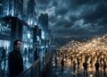 Una composición cinematográfica y simbólica de una metrópolis futurista dividida visualmente en dos mitades. A la izquierda, un hombre con gafas y un abrigo oscuro (Yuk Hui) observa pensativamente un complejo de control industrial de Big Tech. Detrás de él, rascacielos oscuros y edificios de aspecto frío están cubiertos por grandes pantallas LED que muestran patrones de datos abstractos, códigos de seguridad y formas geométricas, con cámaras de vigilancia y sensores visibles. Varias figuras sombrías caminan uniformemente bajo una iluminación fría, azul y metálica. A la derecha, una gran multitud de personas diversas forman una compleja red orgánica y luminosa de hilos dorados que se entrelazan entre ellas y se extienden hacia arriba, simbolizando la conexión descentralizada y la resistencia orgánica (Bitcoin y la tecnodiversidad). Esta zona está bañada por una luz cálida y dorada. Un horizonte urbano denso y oscuro bajo un cielo nublado y tormentoso se extiende detrás de ambas secciones, capturando la tensión entre el control algorítmico y la libertad conectada. La imagen es un plano general elevado con una profundidad de campo que destaca el contraste entre los dos entornos.