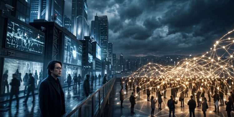 Una composición cinematográfica y simbólica de una metrópolis futurista dividida visualmente en dos mitades. A la izquierda, un hombre con gafas y un abrigo oscuro (Yuk Hui) observa pensativamente un complejo de control industrial de Big Tech. Detrás de él, rascacielos oscuros y edificios de aspecto frío están cubiertos por grandes pantallas LED que muestran patrones de datos abstractos, códigos de seguridad y formas geométricas, con cámaras de vigilancia y sensores visibles. Varias figuras sombrías caminan uniformemente bajo una iluminación fría, azul y metálica. A la derecha, una gran multitud de personas diversas forman una compleja red orgánica y luminosa de hilos dorados que se entrelazan entre ellas y se extienden hacia arriba, simbolizando la conexión descentralizada y la resistencia orgánica (Bitcoin y la tecnodiversidad). Esta zona está bañada por una luz cálida y dorada. Un horizonte urbano denso y oscuro bajo un cielo nublado y tormentoso se extiende detrás de ambas secciones, capturando la tensión entre el control algorítmico y la libertad conectada. La imagen es un plano general elevado con una profundidad de campo que destaca el contraste entre los dos entornos.