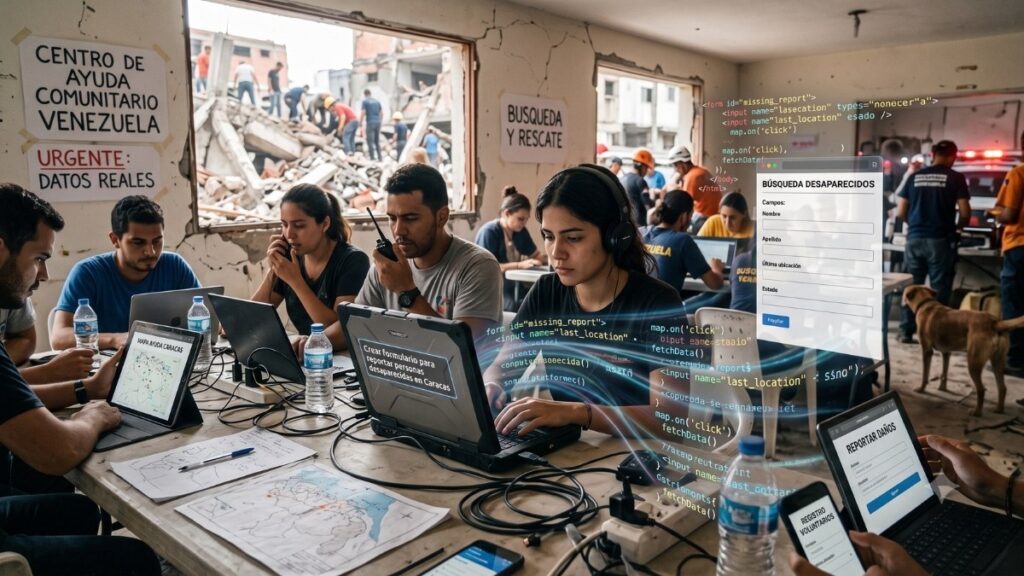 Una fotografía de estilo documental que captura un centro de ayuda comunitario lleno de actividad en Caracas, Venezuela, tras el terremoto. Un grupo diverso de jóvenes voluntarios trabaja intensamente alrededor de una mesa llena de computadoras portátiles y cables. En el centro, una mujer está practicando "vibecoding"; hilos holográficos de código JavaScript y HTML flotan alrededor de su laptop mientras escribe. Su pantalla muestra un mensaje en español: "Crear formulario para reportar personas desaparecidas en Caracas". Otras pantallas cercanas muestran interfaces funcionales en español, incluido un formulario de base de datos de personas desaparecidas y una herramienta de informe de daños. Al fondo, visible a través de una ventana agrietada, los rescatistas limpian escombros y estructuras colapsadas. Los carteles en la pared dicen "CENTRO DE AYUDA COMUNITARIO VENEZUELA" y "BUSQUEDA Y RESCATE", ilustrando la respuesta ciudadana urgente descrita en el texto.