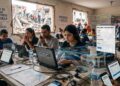 Una fotografía de estilo documental que captura un centro de ayuda comunitario lleno de actividad en Caracas, Venezuela, tras el terremoto. Un grupo diverso de jóvenes voluntarios trabaja intensamente alrededor de una mesa llena de computadoras portátiles y cables. En el centro, una mujer está practicando "vibecoding"; hilos holográficos de código JavaScript y HTML flotan alrededor de su laptop mientras escribe. Su pantalla muestra un mensaje en español: "Crear formulario para reportar personas desaparecidas en Caracas". Otras pantallas cercanas muestran interfaces funcionales en español, incluido un formulario de base de datos de personas desaparecidas y una herramienta de informe de daños. Al fondo, visible a través de una ventana agrietada, los rescatistas limpian escombros y estructuras colapsadas. Los carteles en la pared dicen "CENTRO DE AYUDA COMUNITARIO VENEZUELA" y "BUSQUEDA Y RESCATE", ilustrando la respuesta ciudadana urgente descrita en el texto.