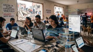Una fotografía de estilo documental que captura un centro de ayuda comunitario lleno de actividad en Caracas, Venezuela, tras el terremoto. Un grupo diverso de jóvenes voluntarios trabaja intensamente alrededor de una mesa llena de computadoras portátiles y cables. En el centro, una mujer está practicando "vibecoding"; hilos holográficos de código JavaScript y HTML flotan alrededor de su laptop mientras escribe. Su pantalla muestra un mensaje en español: "Crear formulario para reportar personas desaparecidas en Caracas". Otras pantallas cercanas muestran interfaces funcionales en español, incluido un formulario de base de datos de personas desaparecidas y una herramienta de informe de daños. Al fondo, visible a través de una ventana agrietada, los rescatistas limpian escombros y estructuras colapsadas. Los carteles en la pared dicen "CENTRO DE AYUDA COMUNITARIO VENEZUELA" y "BUSQUEDA Y RESCATE", ilustrando la respuesta ciudadana urgente descrita en el texto.
