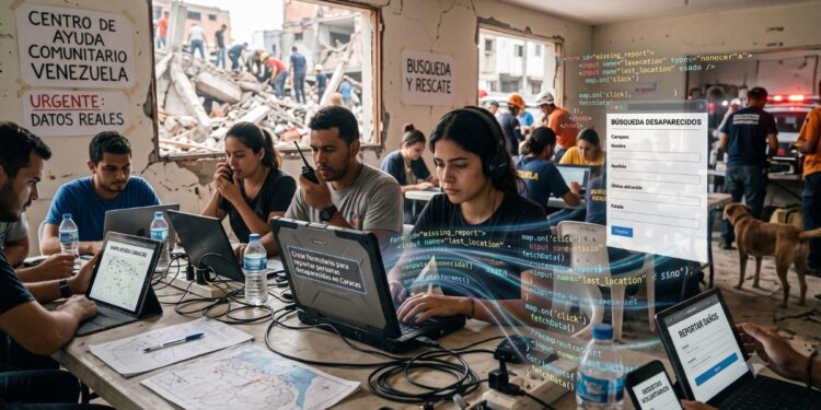 Una fotografía de estilo documental que captura un centro de ayuda comunitario lleno de actividad en Caracas, Venezuela, tras el terremoto. Un grupo diverso de jóvenes voluntarios trabaja intensamente alrededor de una mesa llena de computadoras portátiles y cables. En el centro, una mujer está practicando "vibecoding"; hilos holográficos de código JavaScript y HTML flotan alrededor de su laptop mientras escribe. Su pantalla muestra un mensaje en español: "Crear formulario para reportar personas desaparecidas en Caracas". Otras pantallas cercanas muestran interfaces funcionales en español, incluido un formulario de base de datos de personas desaparecidas y una herramienta de informe de daños. Al fondo, visible a través de una ventana agrietada, los rescatistas limpian escombros y estructuras colapsadas. Los carteles en la pared dicen "CENTRO DE AYUDA COMUNITARIO VENEZUELA" y "BUSQUEDA Y RESCATE", ilustrando la respuesta ciudadana urgente descrita en el texto.