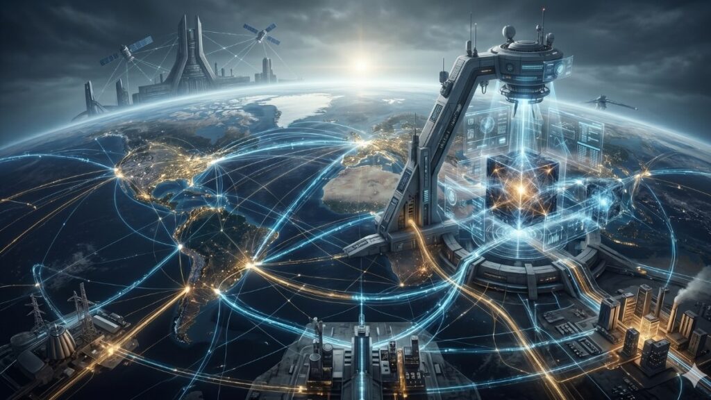 Representación futurista de una infraestructura sistémica global sobre la Tierra, mostrando redes luminosas interconectadas y una gran instalación de monitoreo que controla un núcleo tecnológico, simbolizando la regulación, ciberseguridad y gobernanza de la inteligencia artificial a escala geopolítica.
