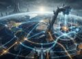 Representación futurista de una infraestructura sistémica global sobre la Tierra, mostrando redes luminosas interconectadas y una gran instalación de monitoreo que controla un núcleo tecnológico, simbolizando la regulación, ciberseguridad y gobernanza de la inteligencia artificial a escala geopolítica.