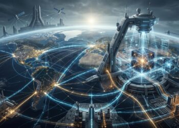 Representación futurista de una infraestructura sistémica global sobre la Tierra, mostrando redes luminosas interconectadas y una gran instalación de monitoreo que controla un núcleo tecnológico, simbolizando la regulación, ciberseguridad y gobernanza de la inteligencia artificial a escala geopolítica.