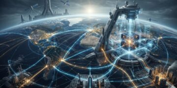 Representación futurista de una infraestructura sistémica global sobre la Tierra, mostrando redes luminosas interconectadas y una gran instalación de monitoreo que controla un núcleo tecnológico, simbolizando la regulación, ciberseguridad y gobernanza de la inteligencia artificial a escala geopolítica.