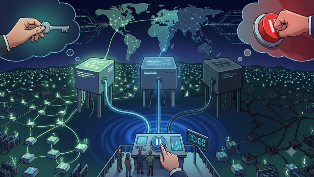 un centro de datos surrealista con una máquina que se conecta a otras y las controla