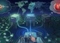 un centro de datos surrealista con una máquina que se conecta a otras y las controla