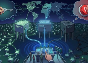 un centro de datos surrealista con una máquina que se conecta a otras y las controla