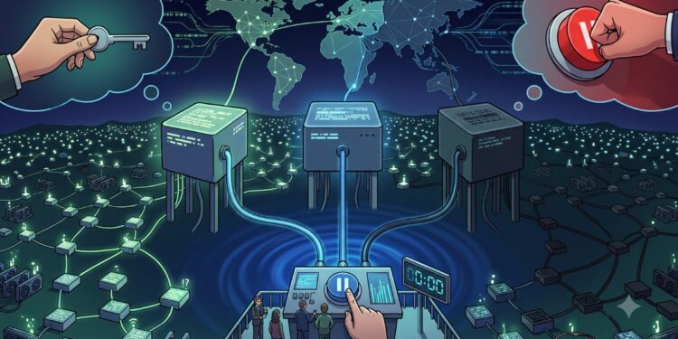 un centro de datos surrealista con una máquina que se conecta a otras y las controla