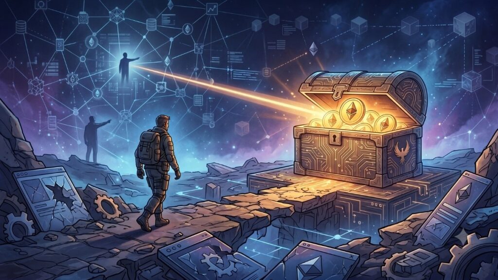 imagen de un baul lleno de criptomonedas bañadas en oro y una figura masculina que camina hacia ese objeto. A lo lejos un haz de luz ilumina el baúl.